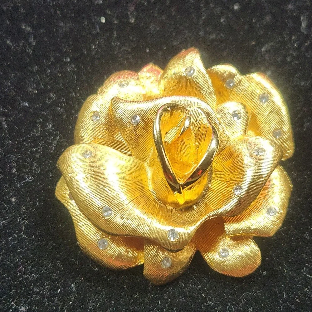Vintage Gold Tone Textured Rose Brooch Rhinestone Floral Pin 1.75 Inch